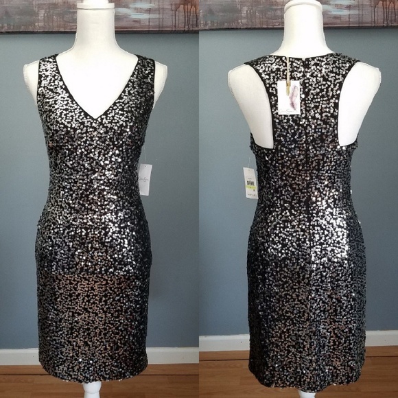 NWT JessicaSimpson Black Silver Sequin VNeck Dress - Picture 1 of 8